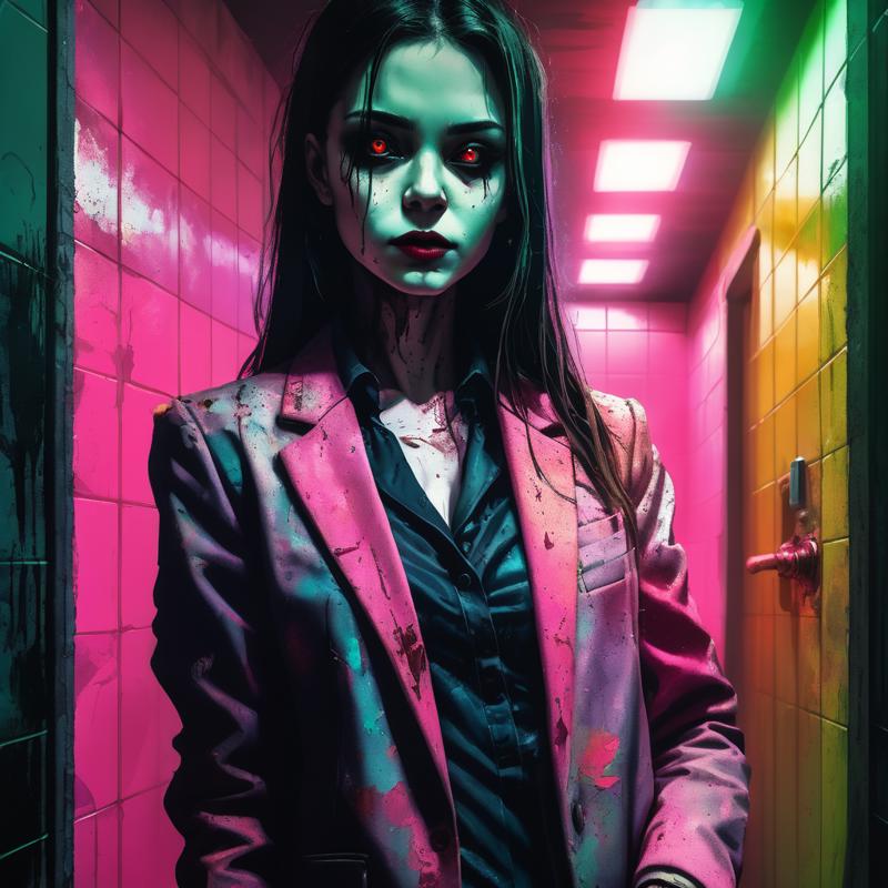 10871-3869550359-VtmArt, painting close up of a (vampire_0.4) girl in colorful blazer standing in a dirty grungy old public bathroom with fluores.png